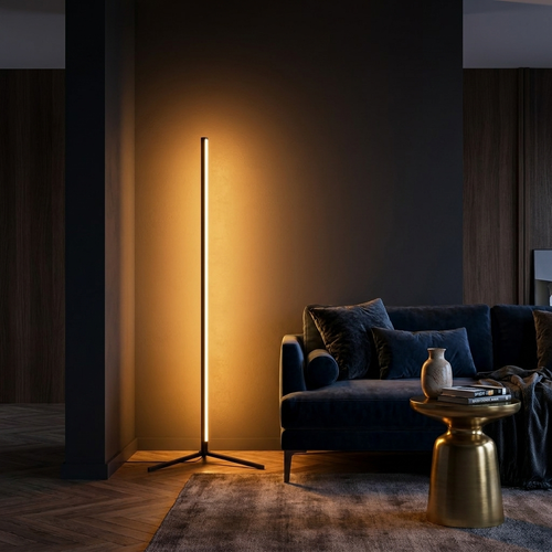 RGB corner floor lamp glowing warm amber in a moody living room corner