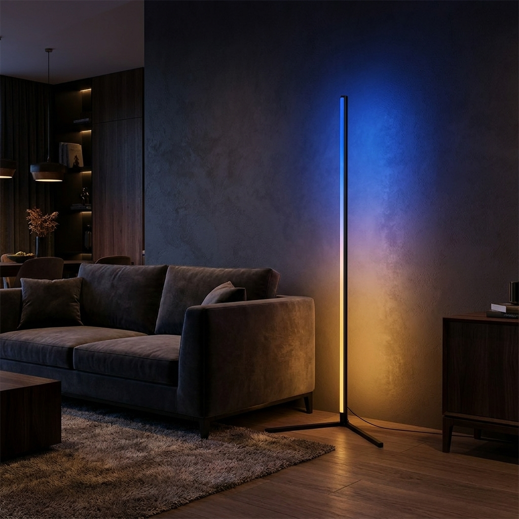 RGB corner floor lamp with amber-to-cobalt gradient glow in a living room