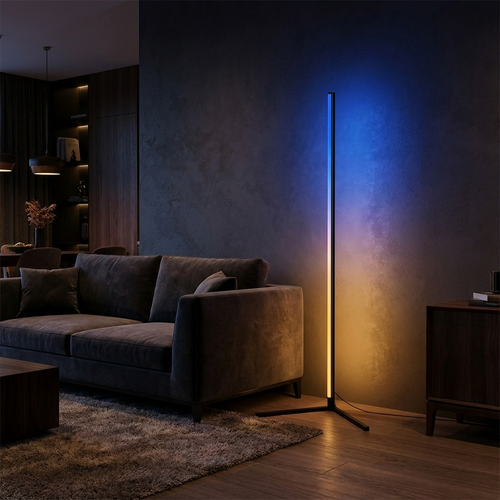 RGB corner floor lamp with amber-to-cobalt gradient glow in a living room