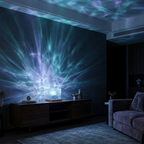 Crystal water-ripple lamp projecting cool blue and violet ripples in a moody living room