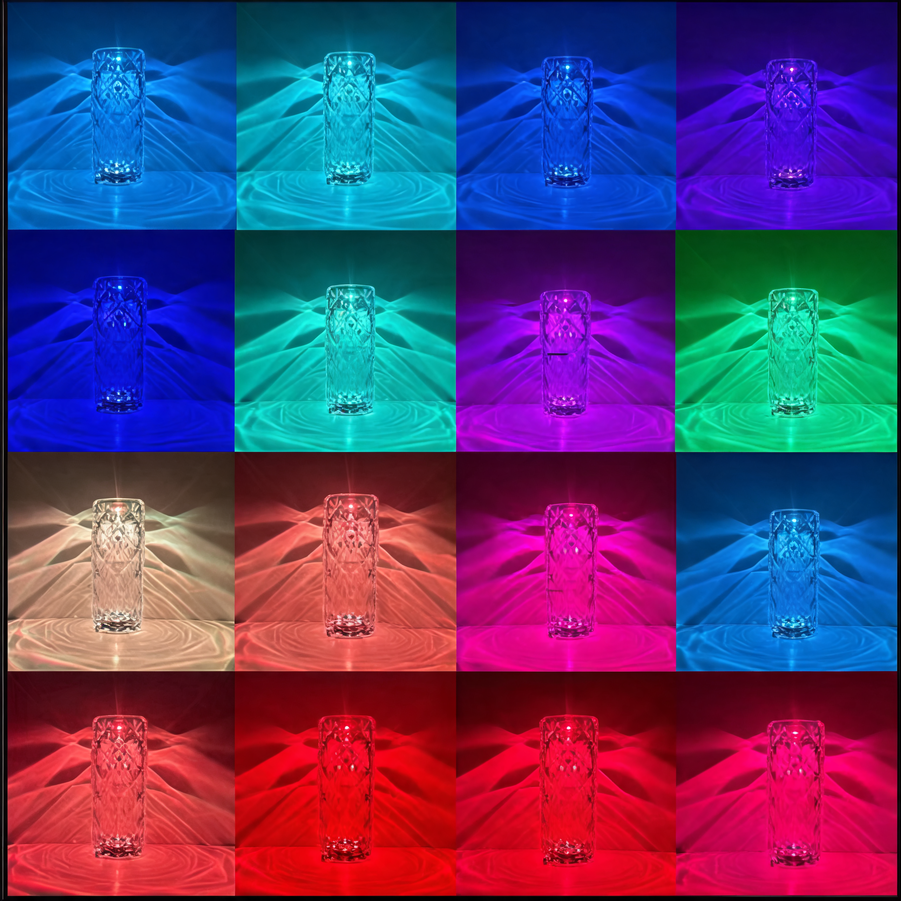 Rose diamond faceted LED table lamp shown in 16 available glowing colors