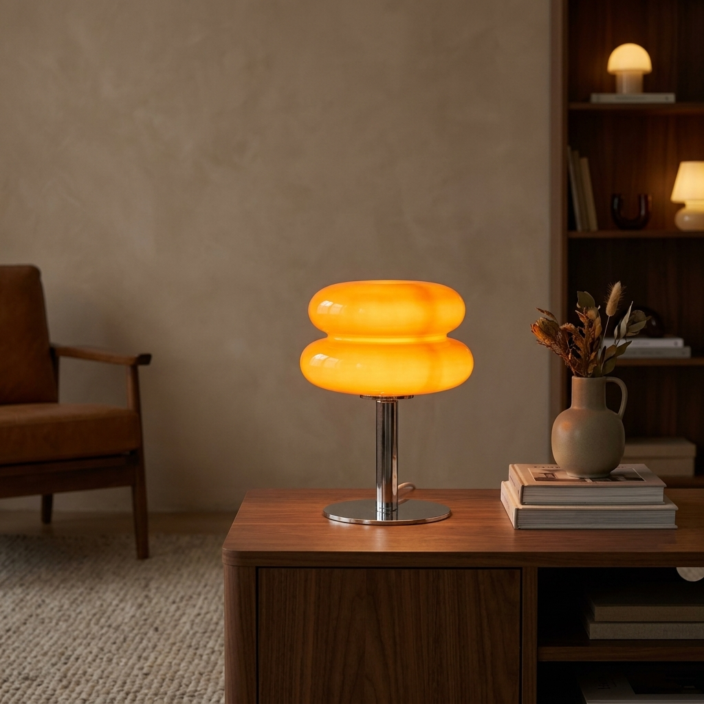 Mid-century glass table lamp with orange glass shade glowing in a cozy living room