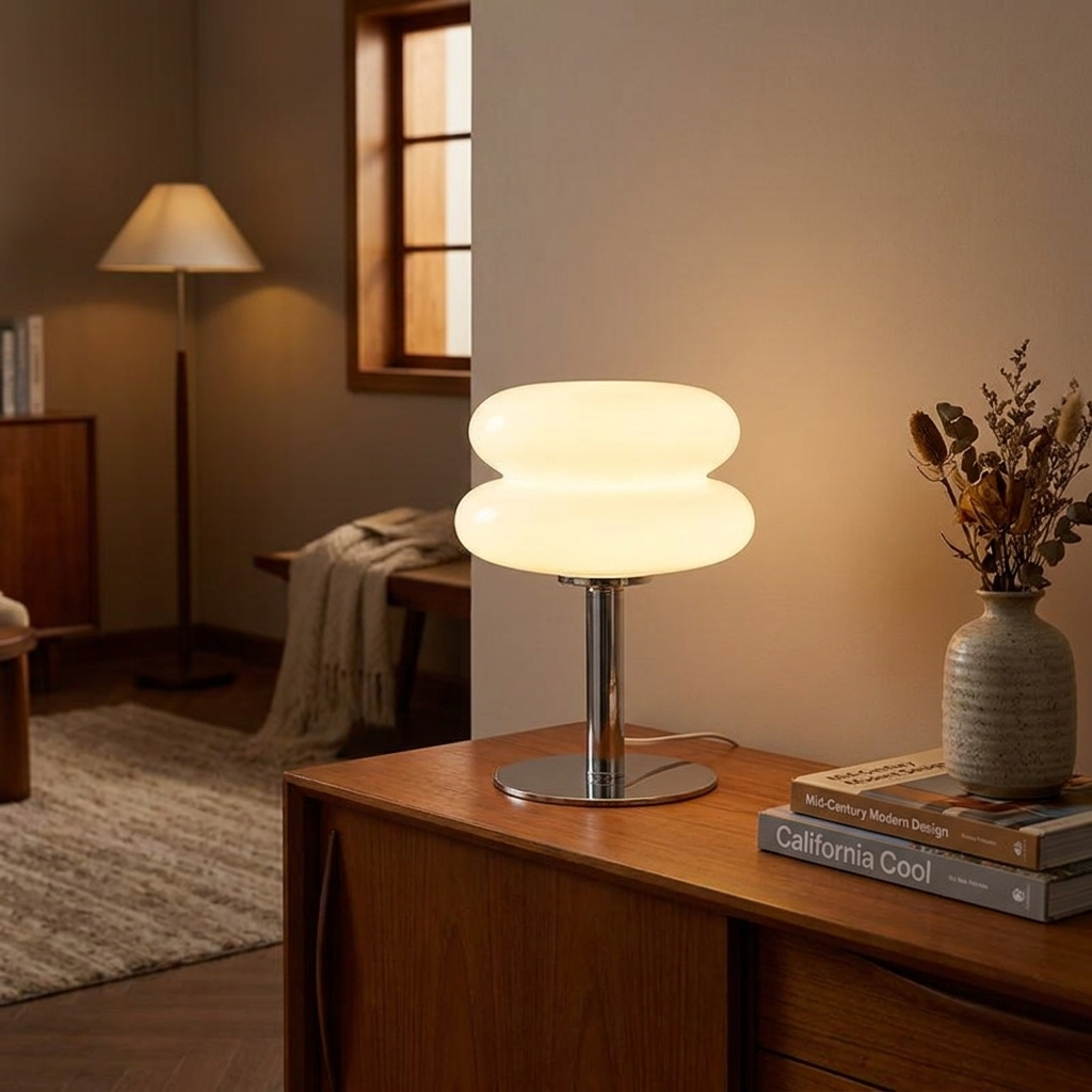 Mid-century glass table lamp with pink glass shade glowing in a cozy living room
