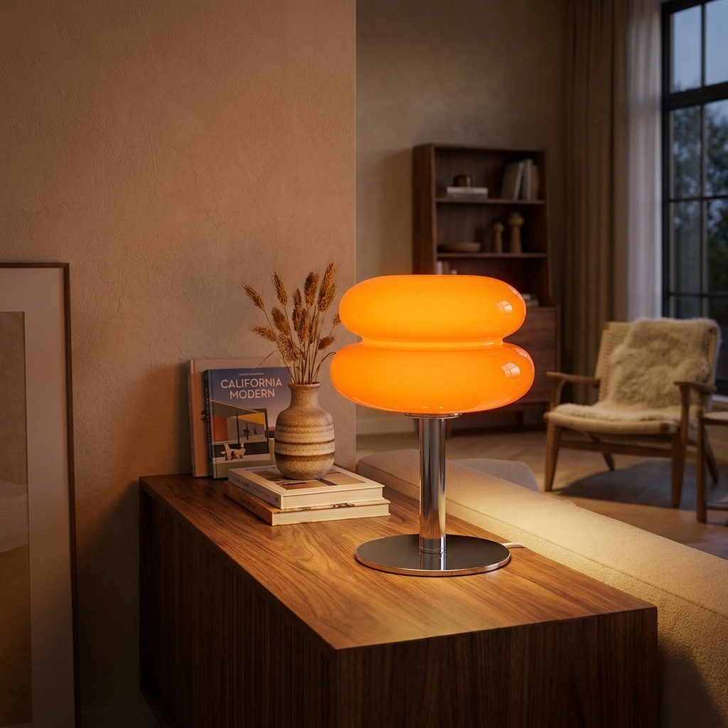 Mid-century glass table lamp with white glass shade glowing in a cozy living room