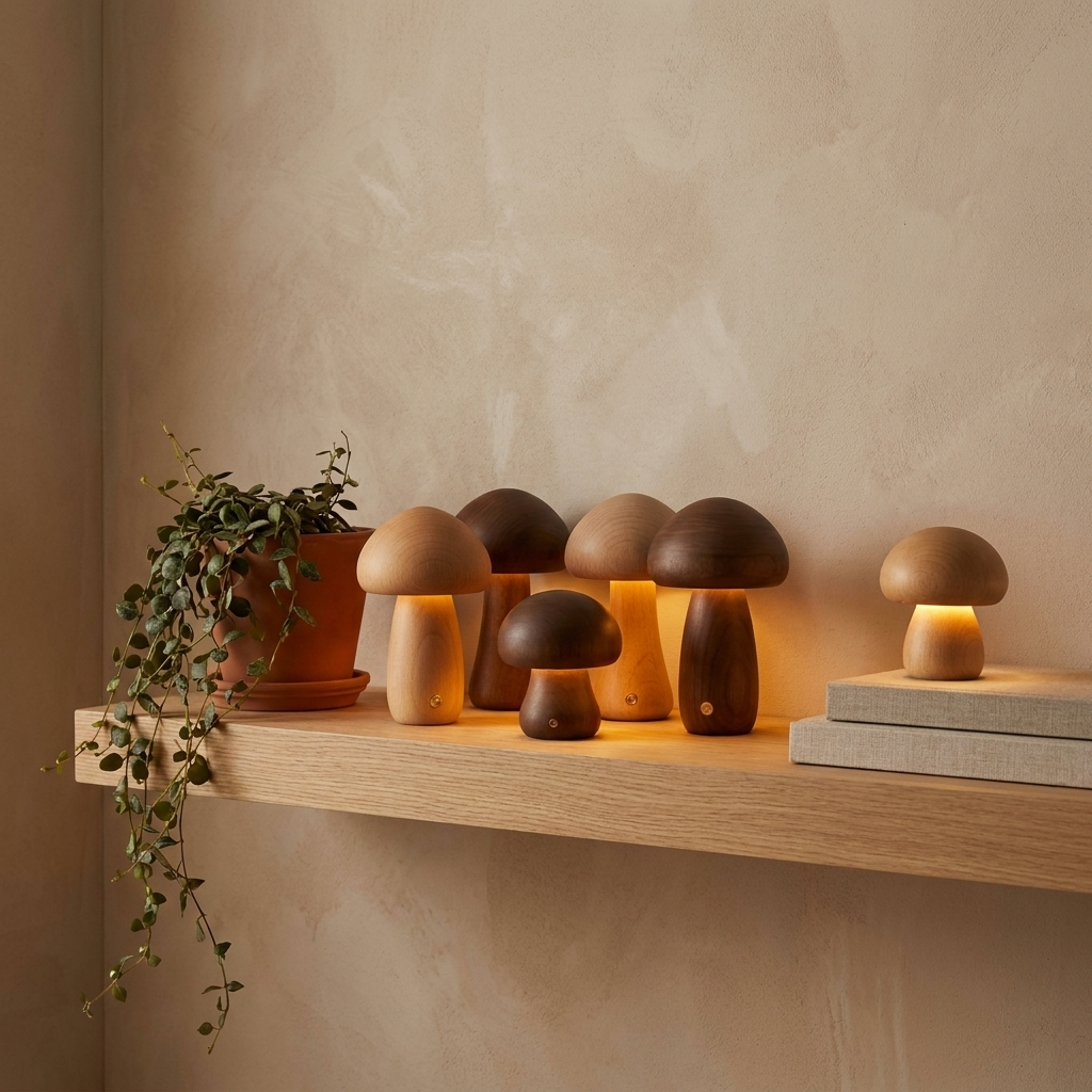 Cluster of wooden mushroom night lights glowing warm amber on an oak shelf in a cozy room