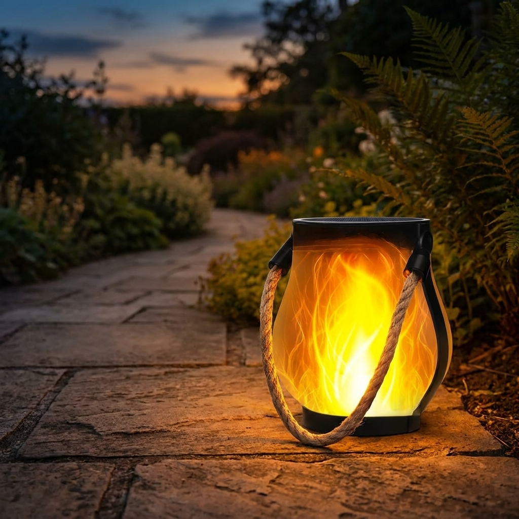 Flickering flame garden lamp glowing amber on a stone patio at the edge of a garden at dusk