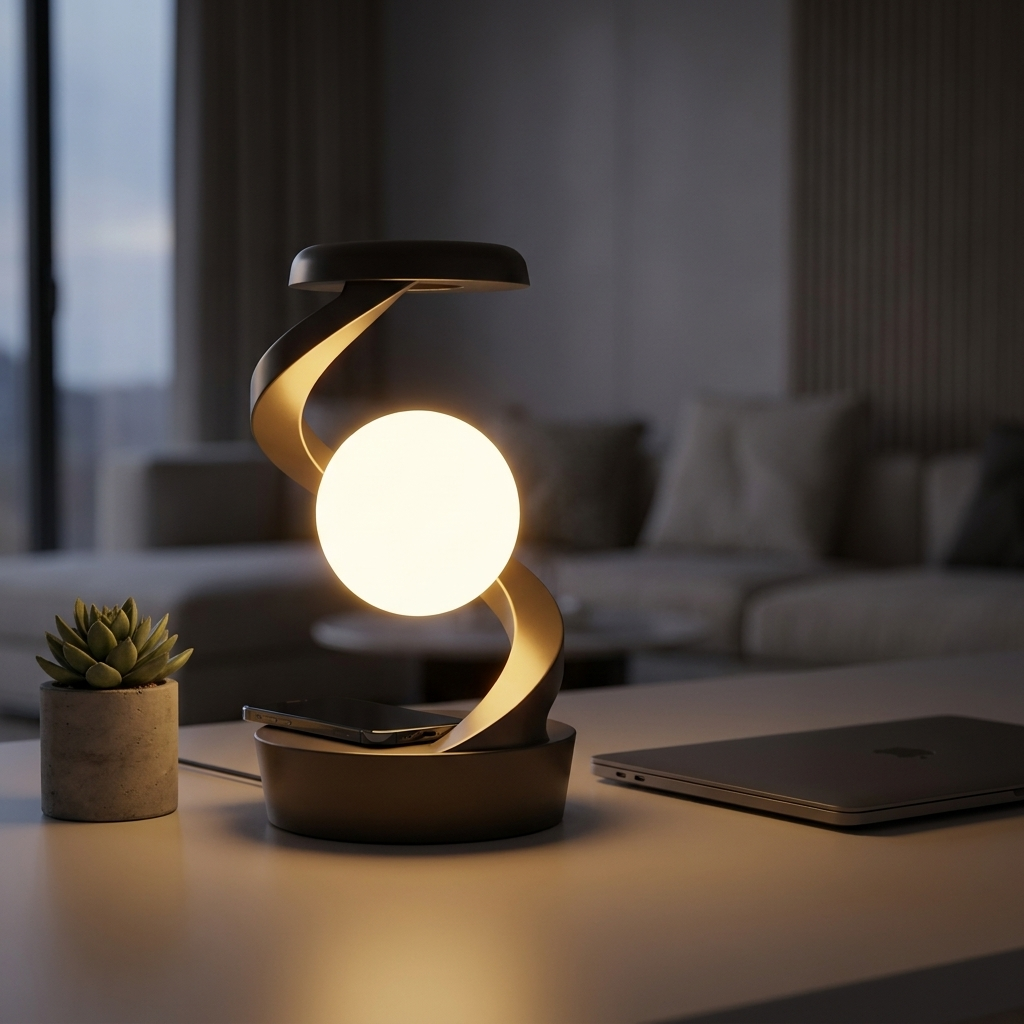 Rotating moon desk lamp with floating glowing orb on a modern desk, phone charging on the base