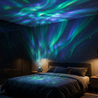 Aurora borealis projection washing a bedroom ceiling in green, blue and violet with green laser stars