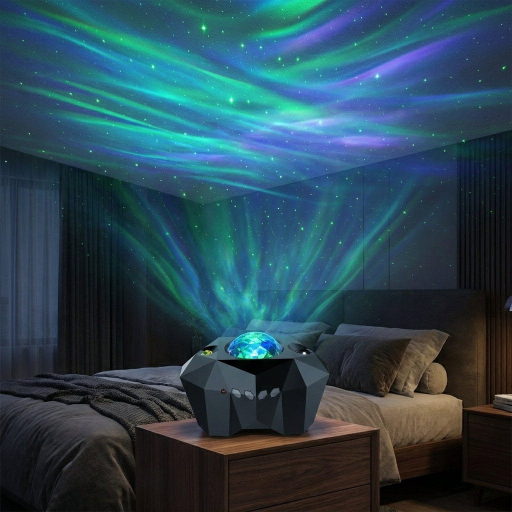 Aurora star projector on a nightstand casting green, blue and violet aurora and laser stars across a dark bedroom