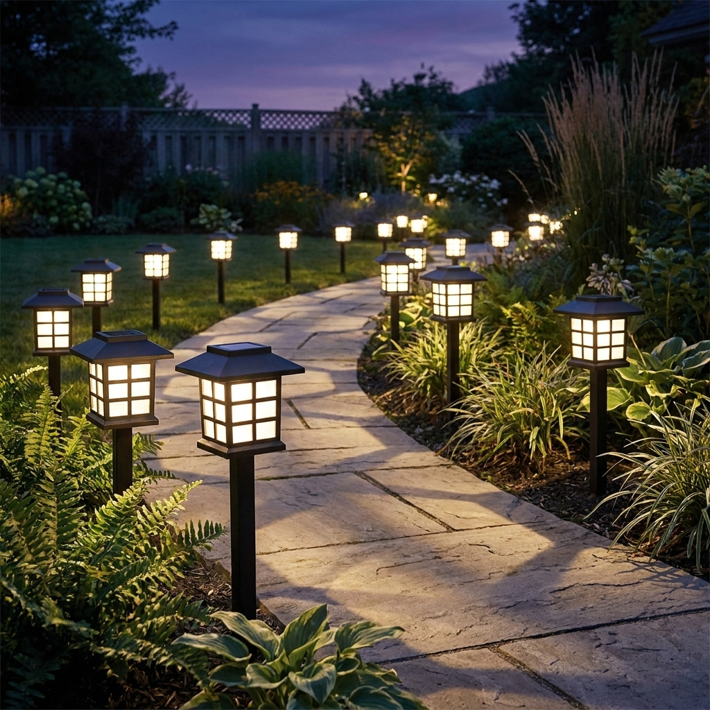 Row of square solar path lights glowing warm white along a garden walkway at dusk
