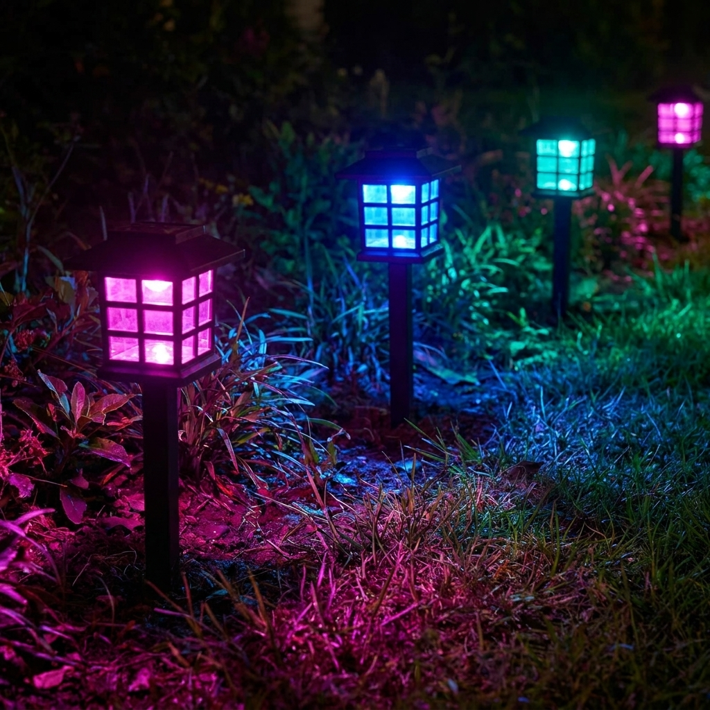 Square solar stake lights planted in a garden glowing in RGB magenta, blue and teal at night