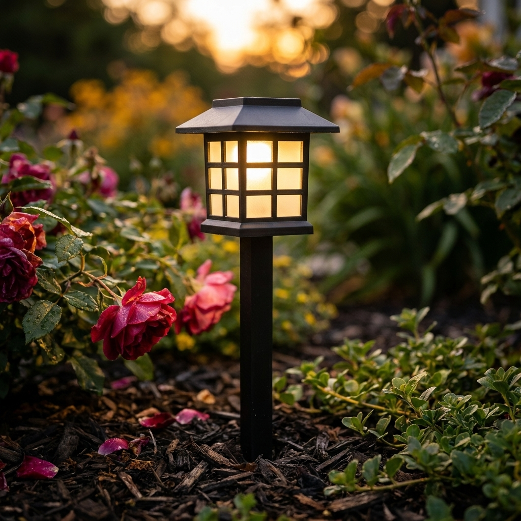 Close-up of a square solar stake light glowing warm in a flower bed at golden hour