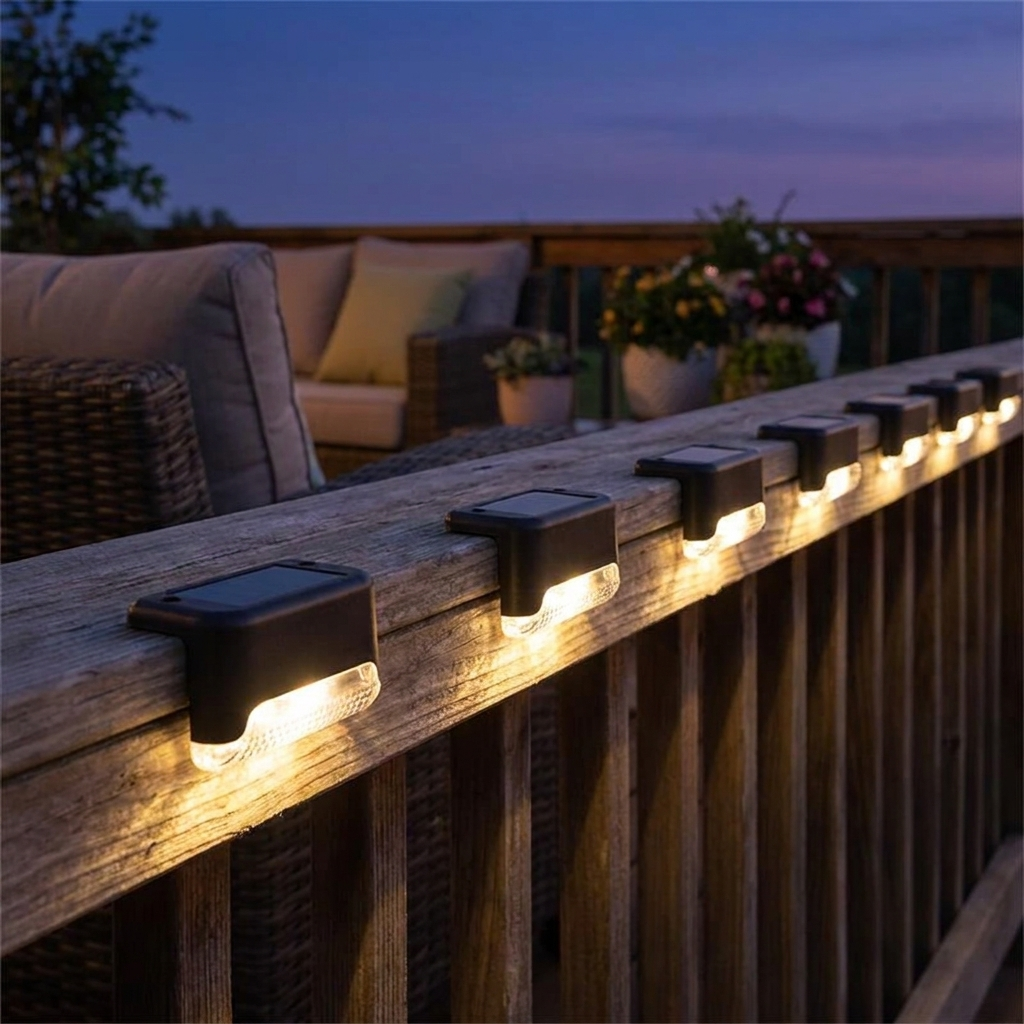 Solar deck accent lights in a warm-white row along a wooden deck railing at twilight
