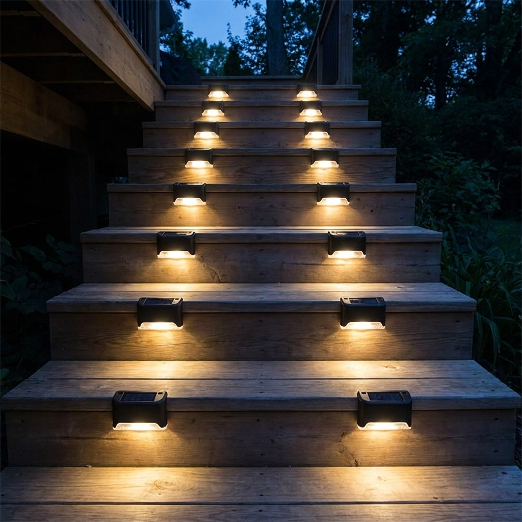 Solar deck lights illuminating each step of a modern wooden outdoor staircase at dusk