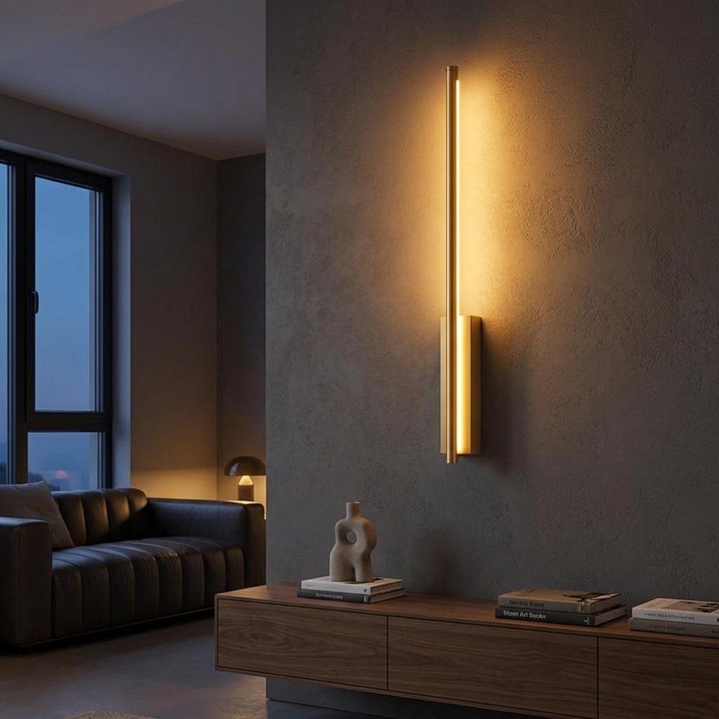 AuraLineo minimalist golden line wall lamp glowing as a warm line of light on a styled feature wall