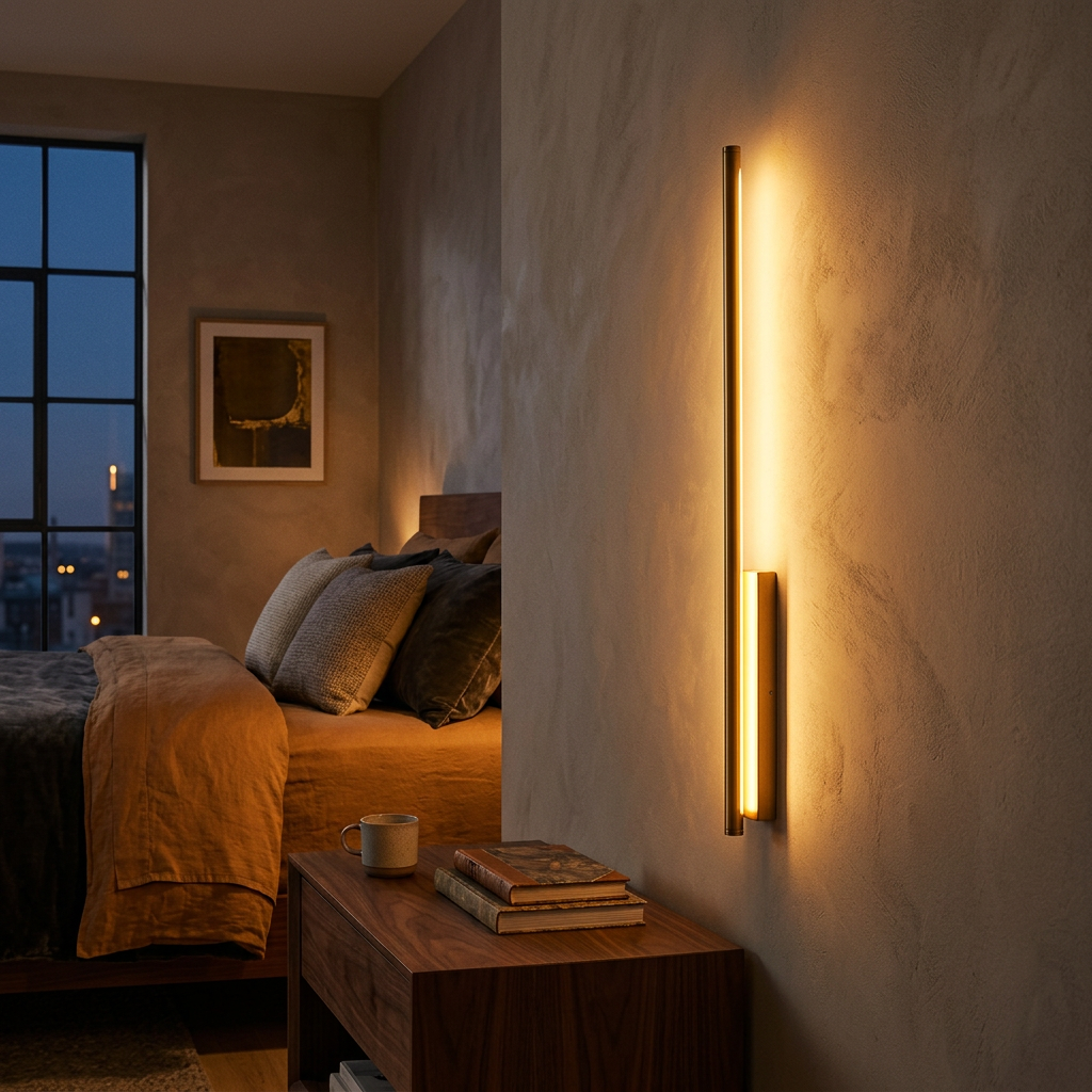 AuraLineo wall lamp glowing warm beside a bed in a cozy modern bedroom