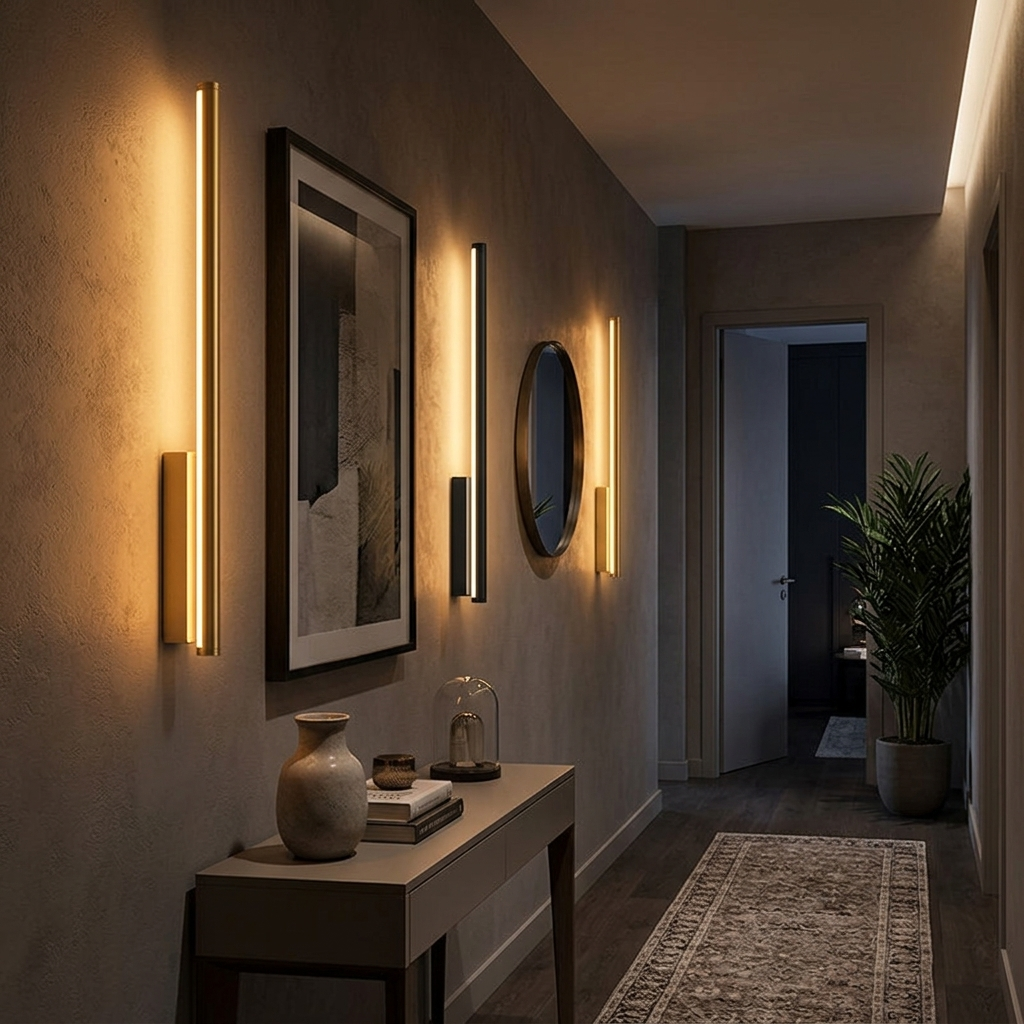 Multiple AuraLineo linear wall lamps in gold and black running down a styled modern hallway