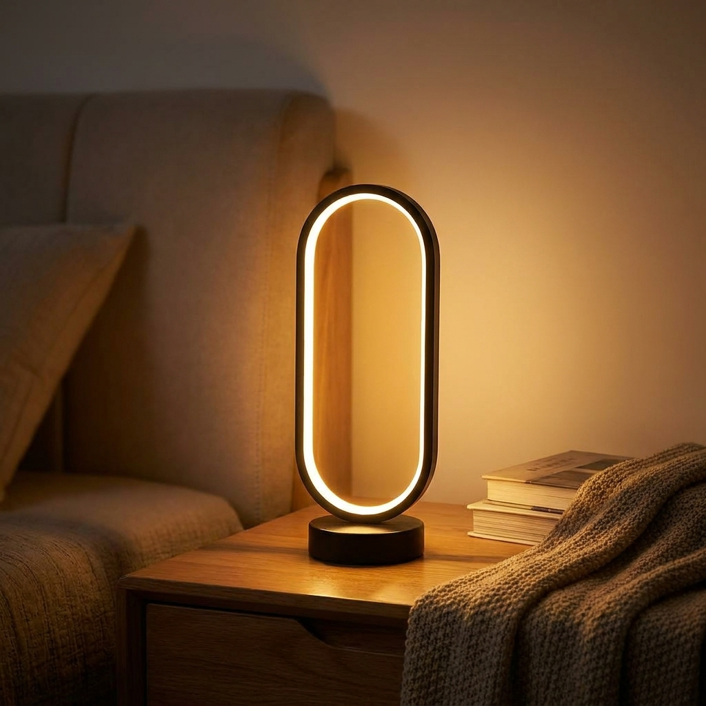 USB ring LED night lamp glowing warm amber on a cozy bedside nightstand at night
