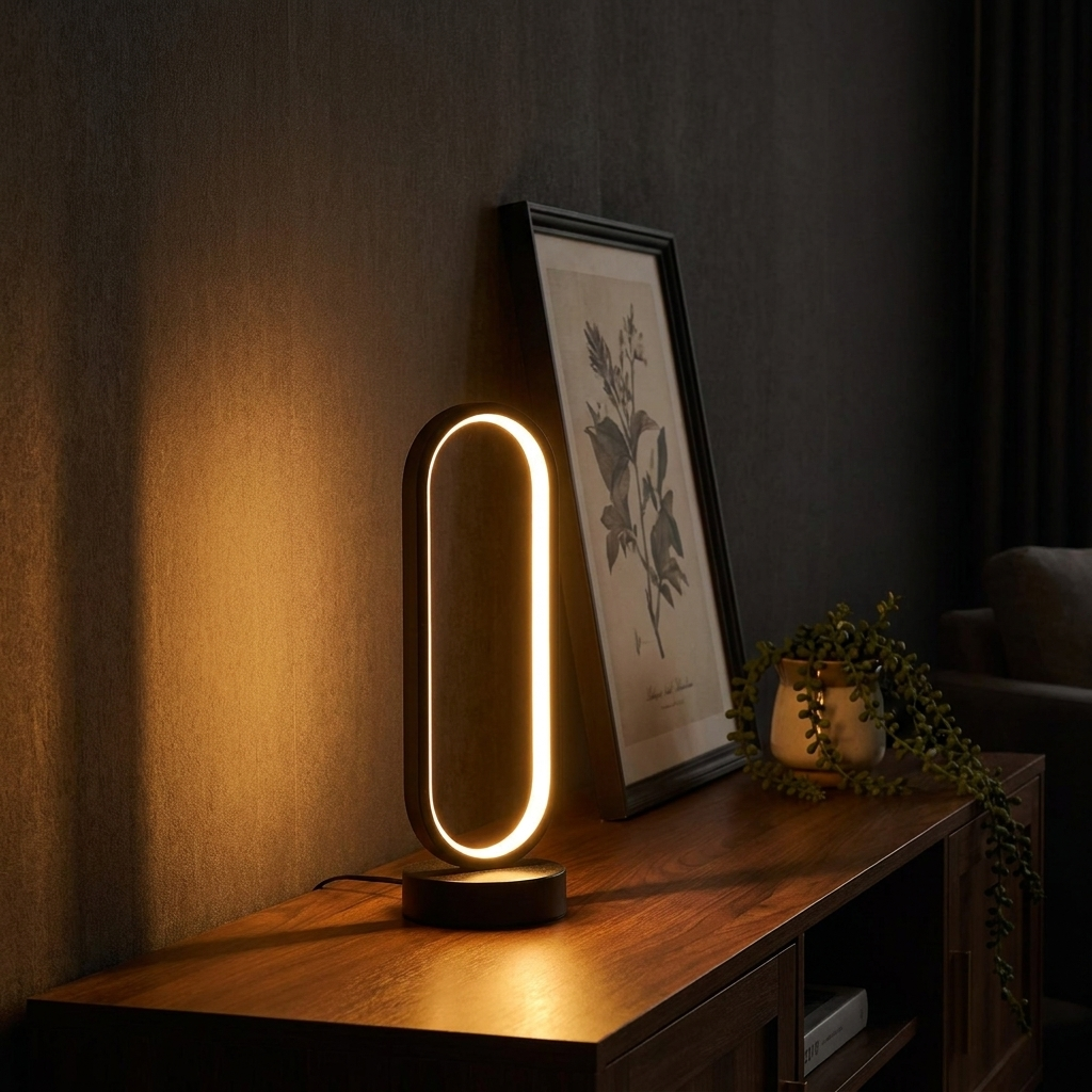 USB ring LED night lamp glowing warm on a styled console table in a moody living room at dusk