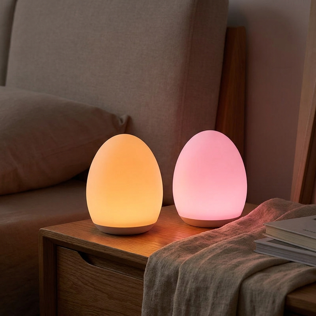 Two egg silicone night lamps glowing in two different colors on a bedside nightstand, showing the multicolor function