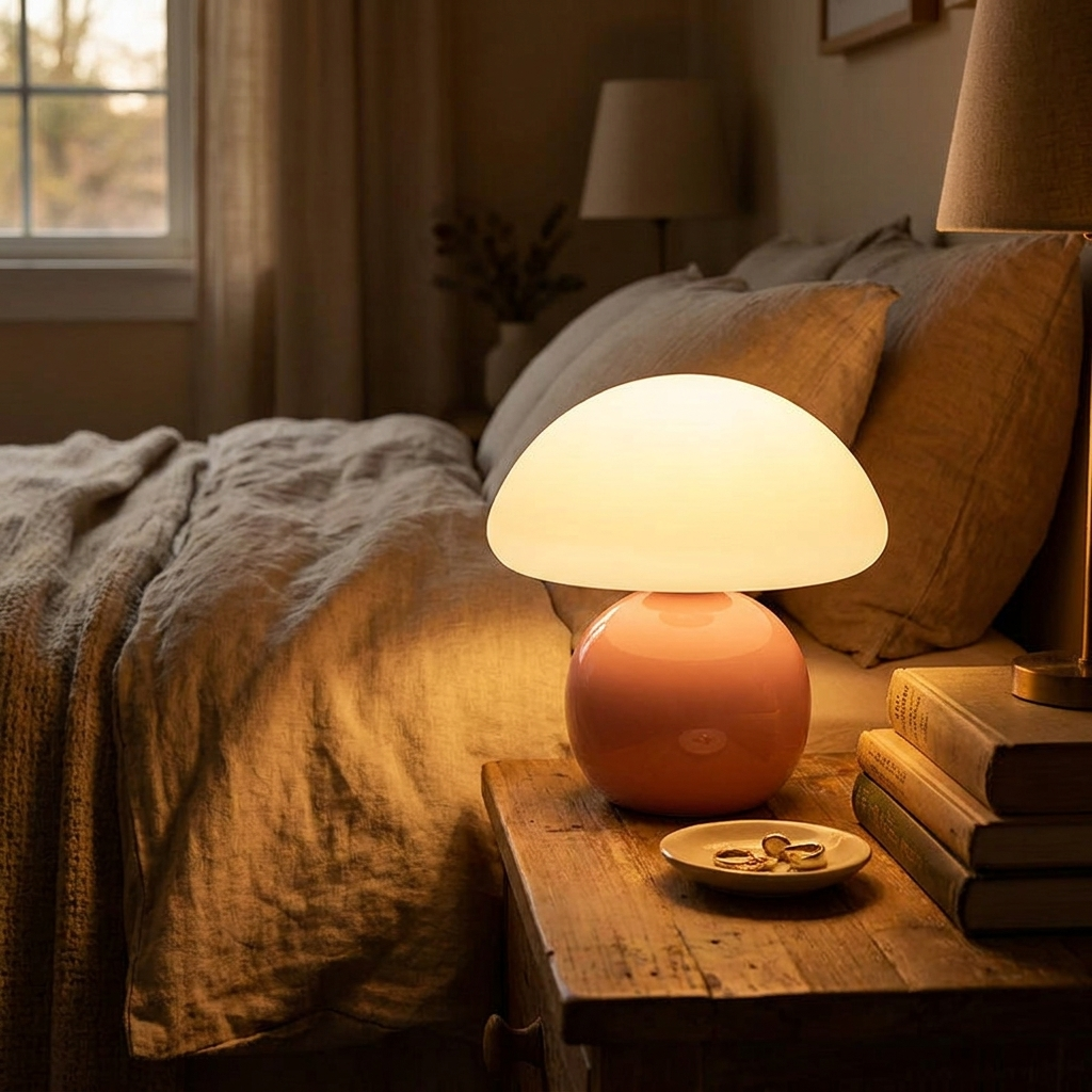 Cream ceramic mushroom table lamp glowing warm amber on a cozy bedside nightstand at night