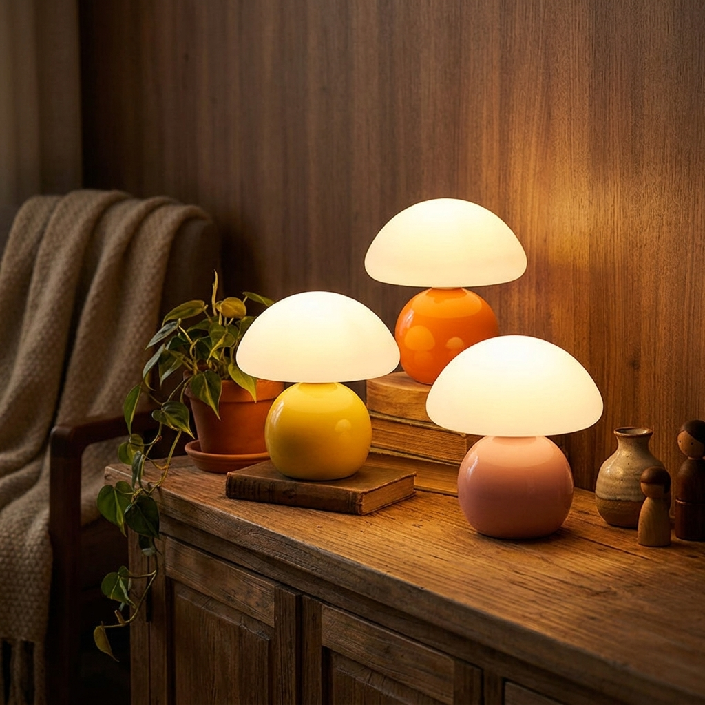 Trio of ceramic mushroom lamps in yellow, orange, and pink glowing warm on a wooden console, showing the color options