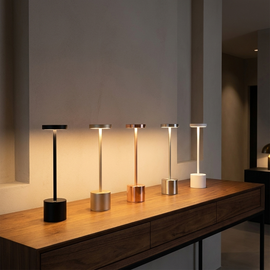 Row of five touch desk lamps in black, champagne gold, rose gold, silver, and white glowing warm on a console, showing all finishes