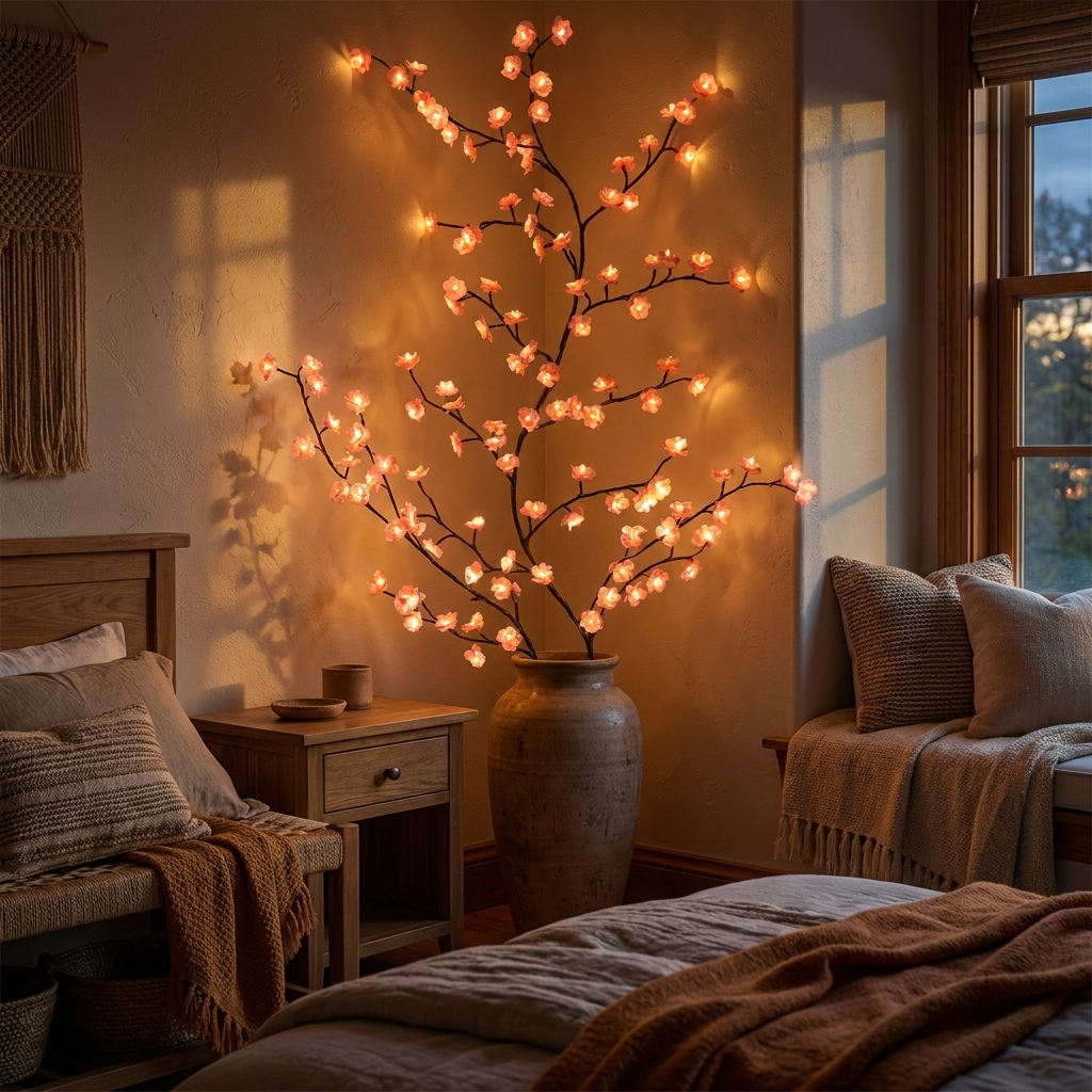 Cherry blossom branch light glowing softly in a tall floor vase in a cozy bedroom corner at night