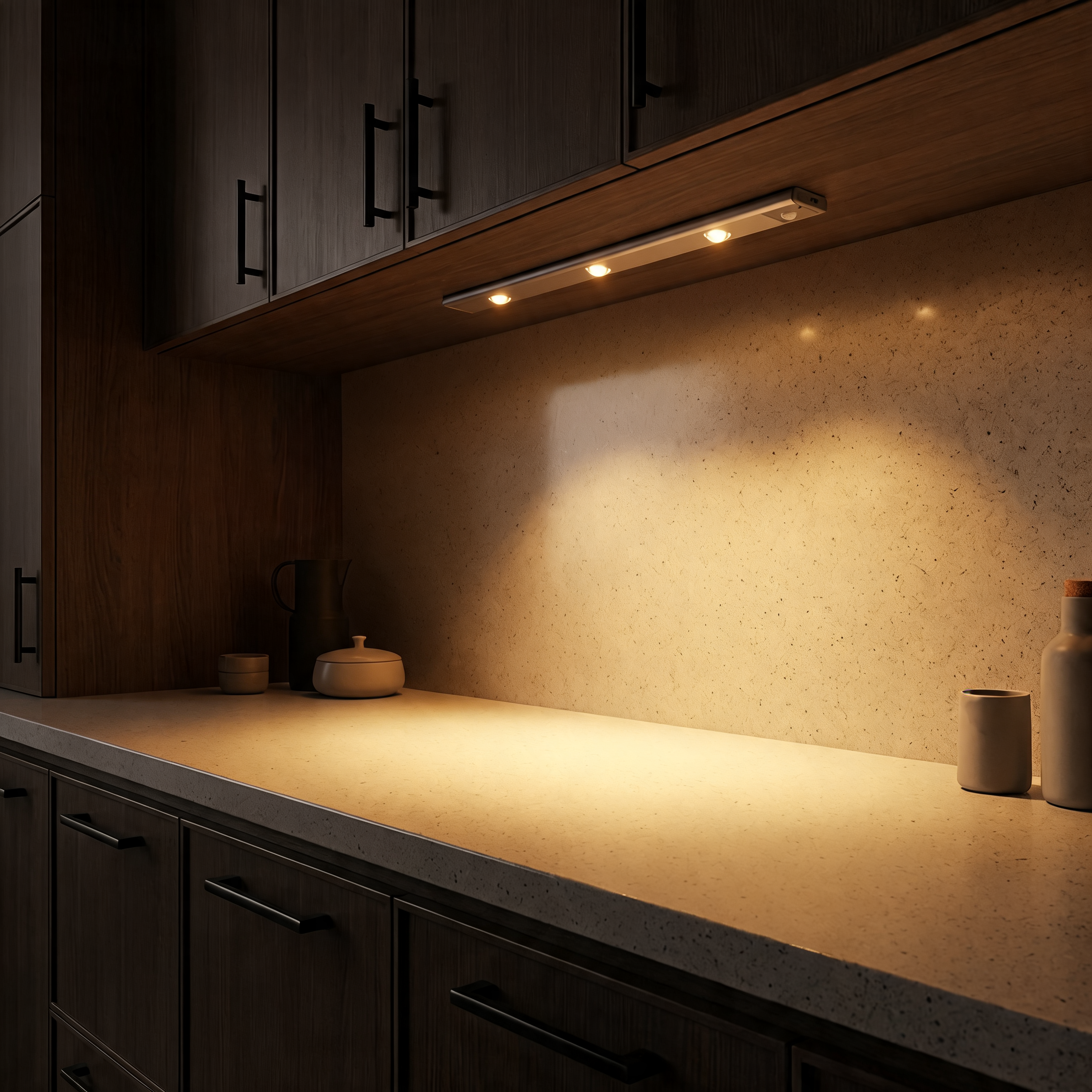Slim under-cabinet light bar casting a warm even line of light onto a kitchen countertop at night