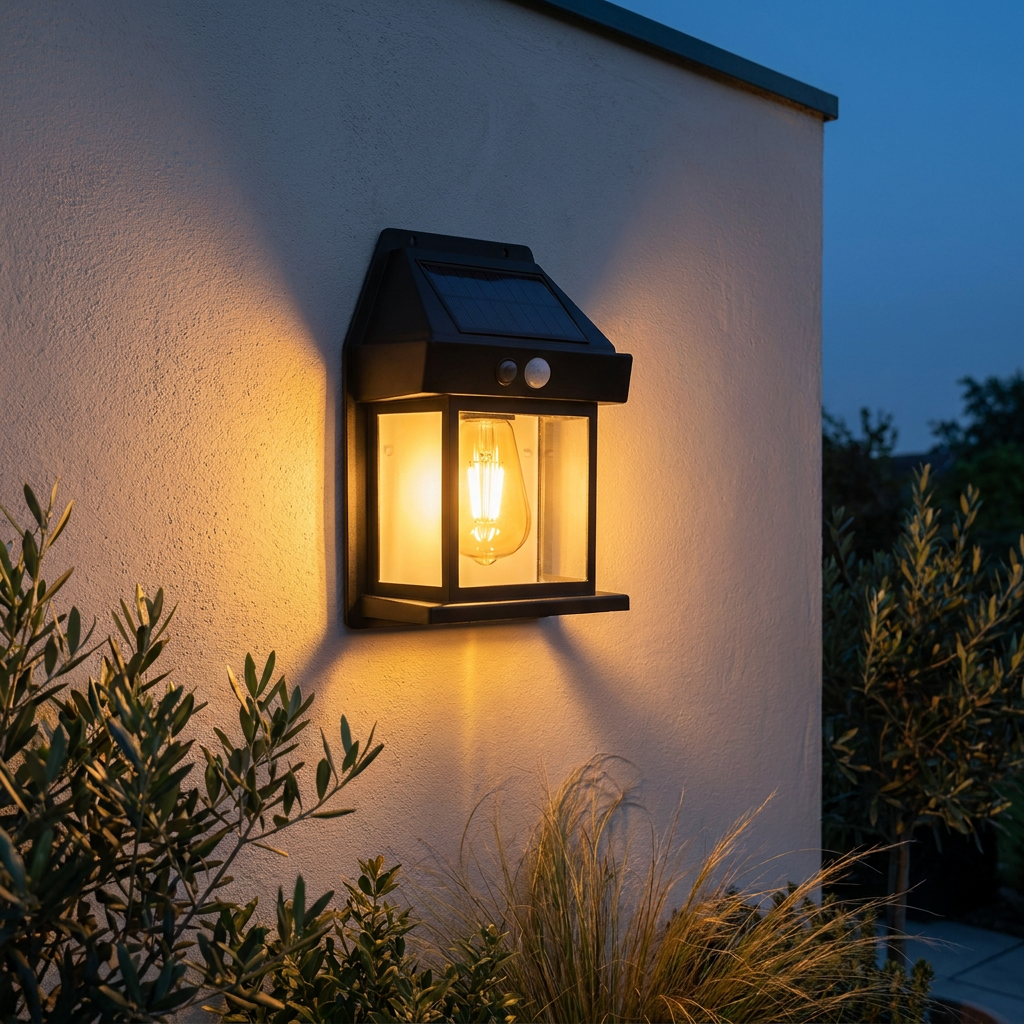 AuraLights solar tungsten wall lamp glowing warm amber on a limewash wall at dusk