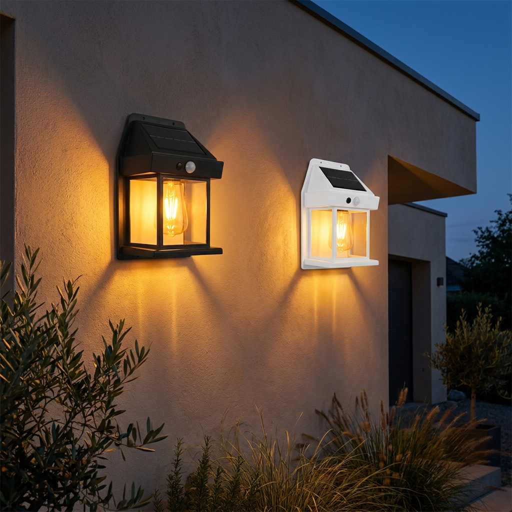 AuraLights solar tungsten wall lamps in black and white shells glowing warm amber on a limewash wall at dusk