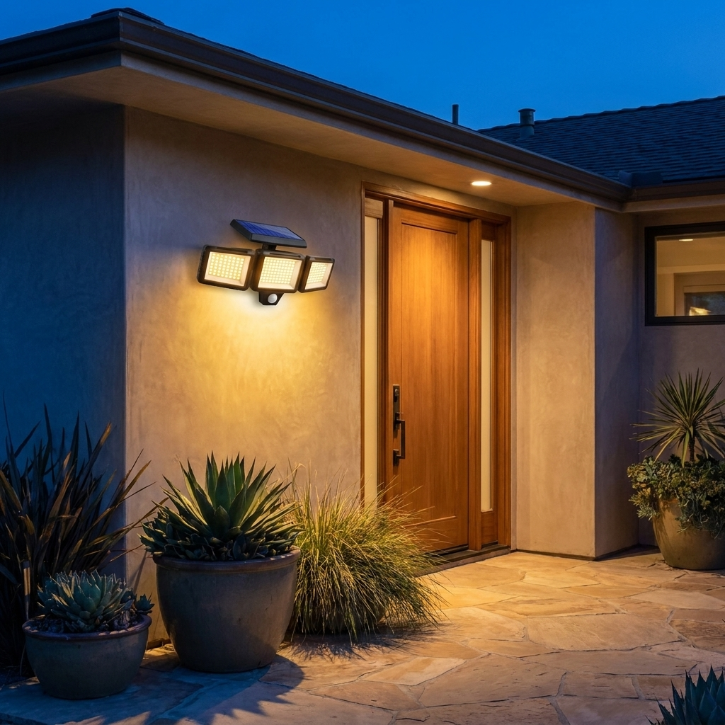 AuraLights solar wall lamp mounted beside a front entryway, warm amber wash at dusk