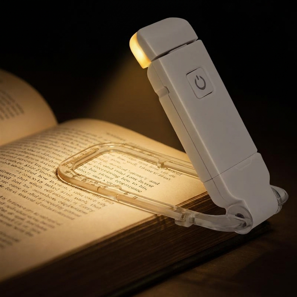 AuraLights clip-on book light with warm amber glow on an open book at night