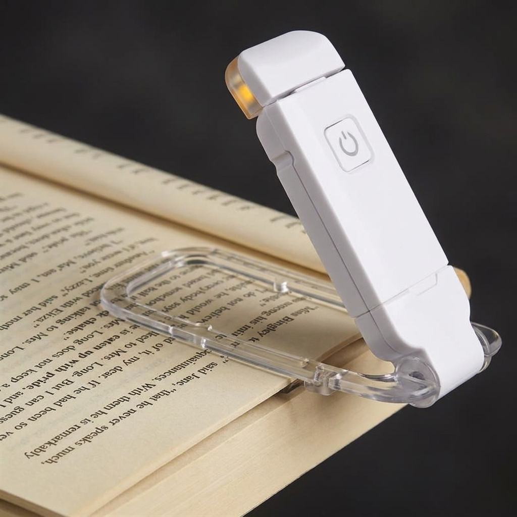 AuraLights clip-on book light, white body clipped to an open book, clean studio lighting