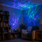 Galaxy projector immersing a living room corner in a cosmic starscape