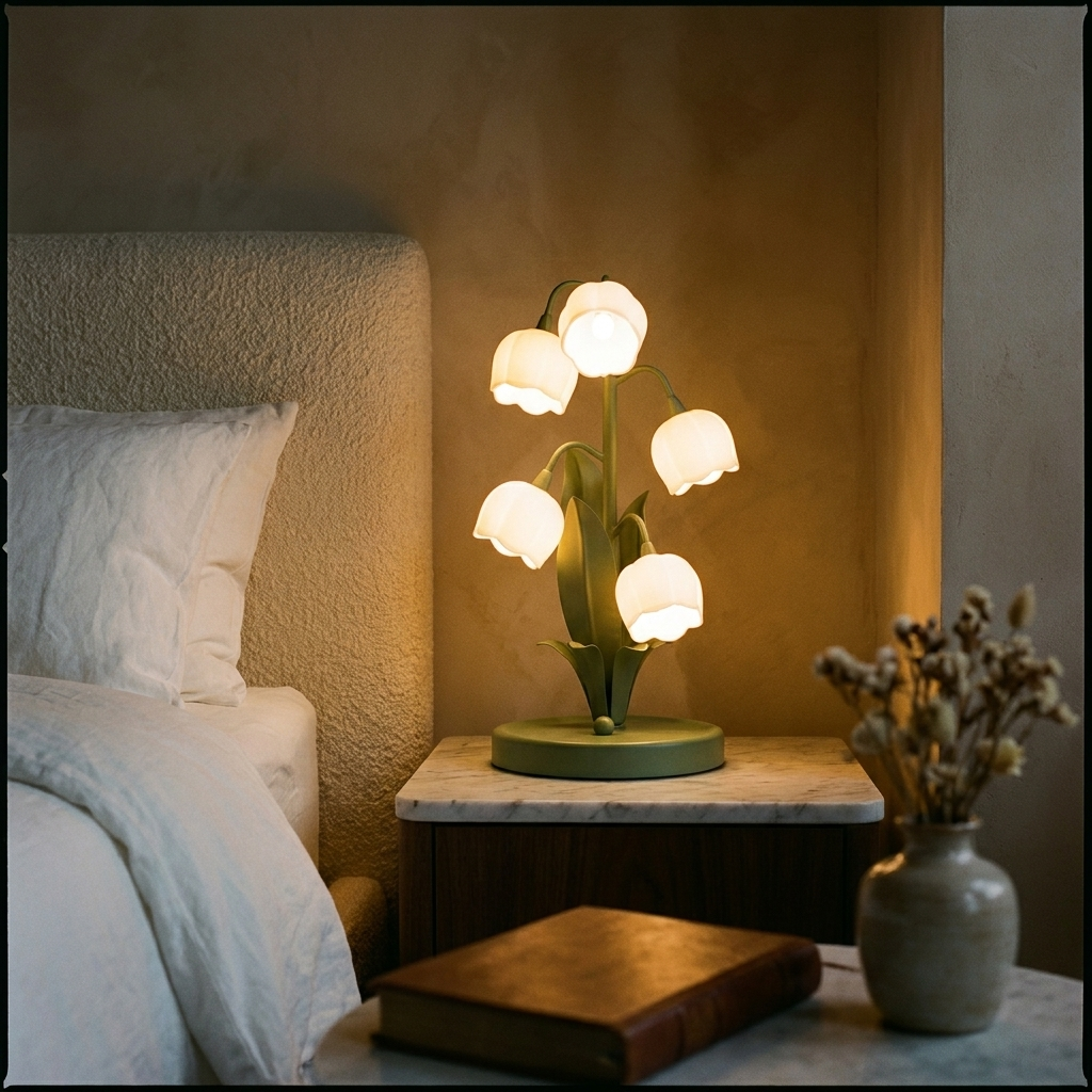 French bell orchid table lamp glowing warm on a nightstand in an elegant bedroom