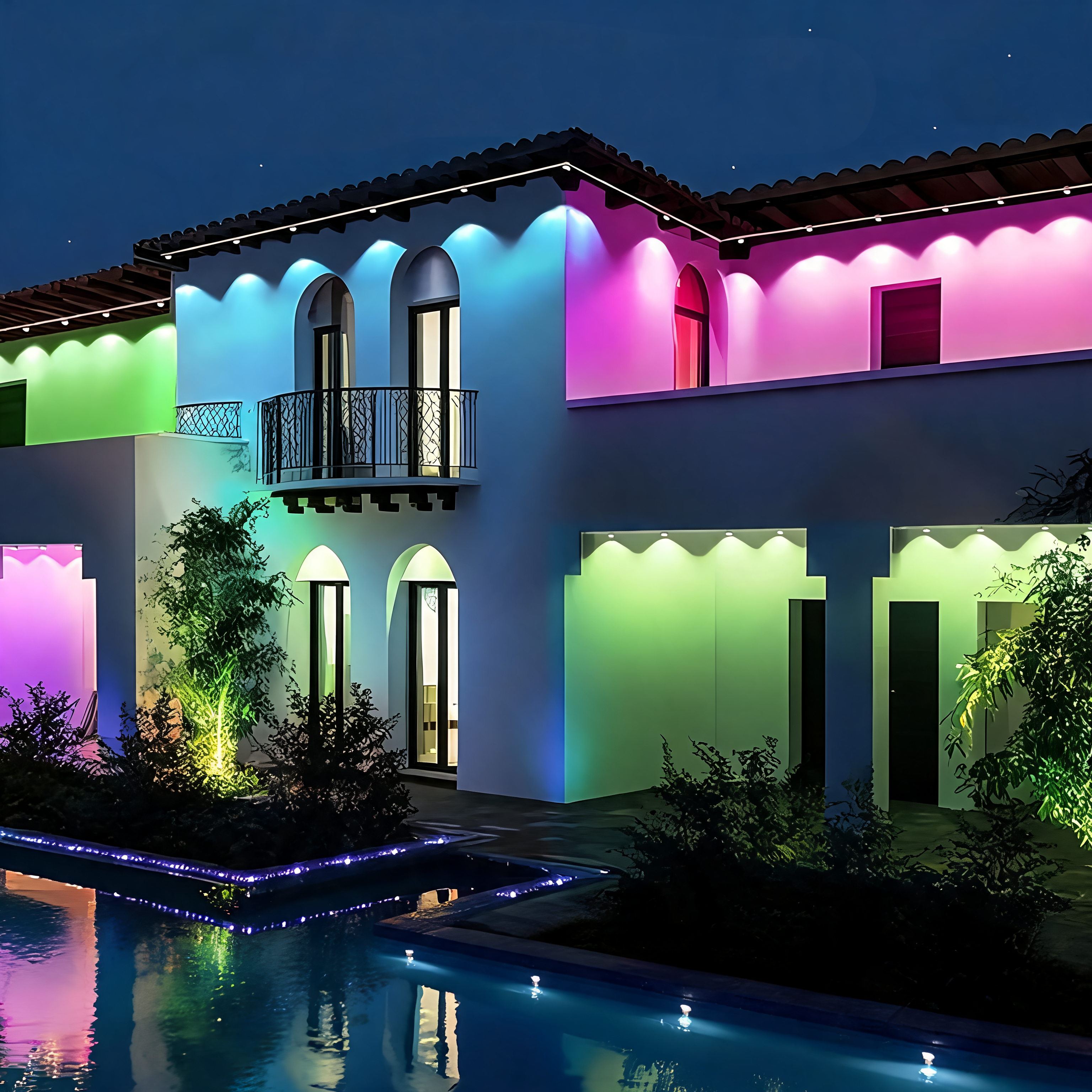 AuraVista color-changing eaves lights lighting up a full two-story house at night