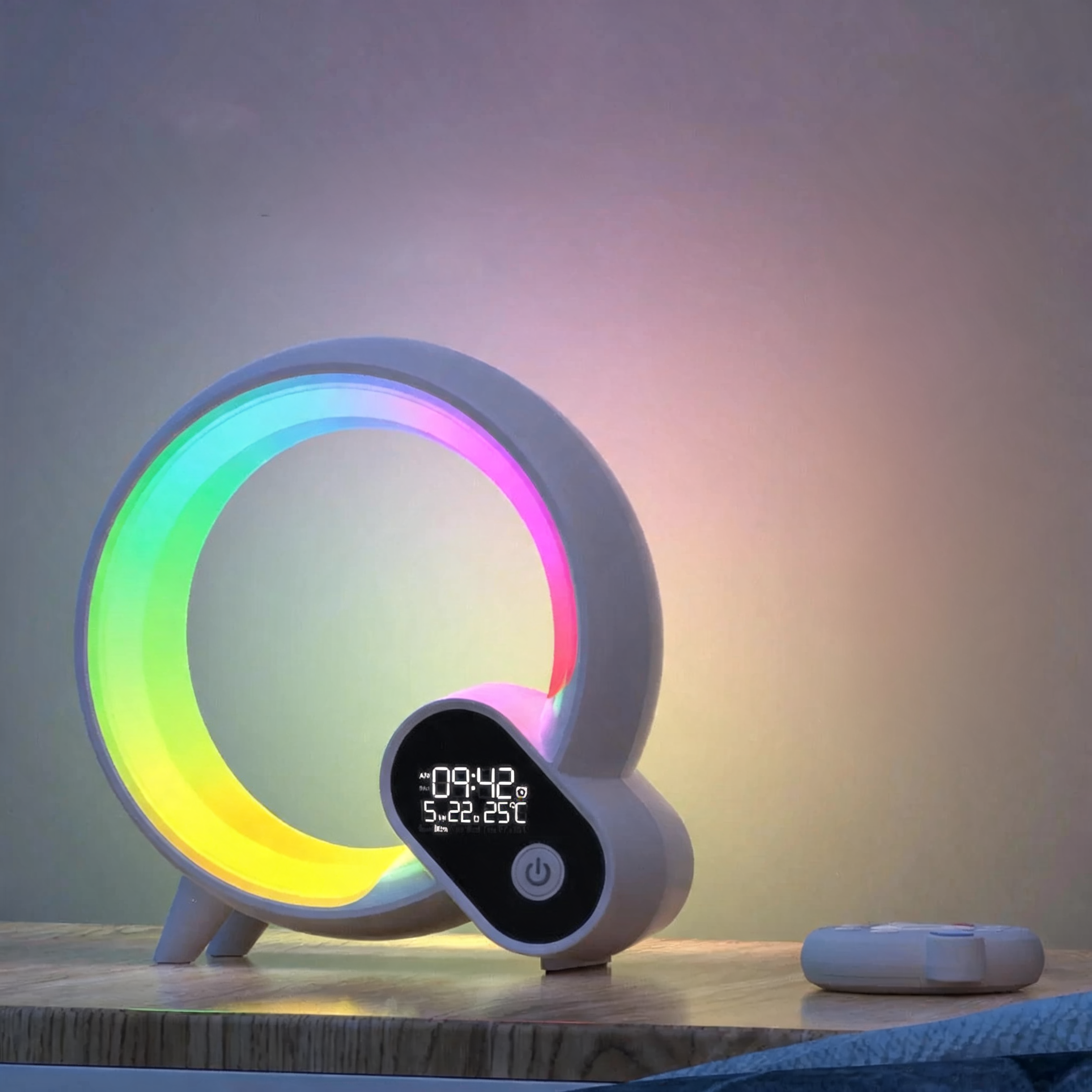 AuraDawn Q-shaped RGB atmosphere lamp with digital display and remote