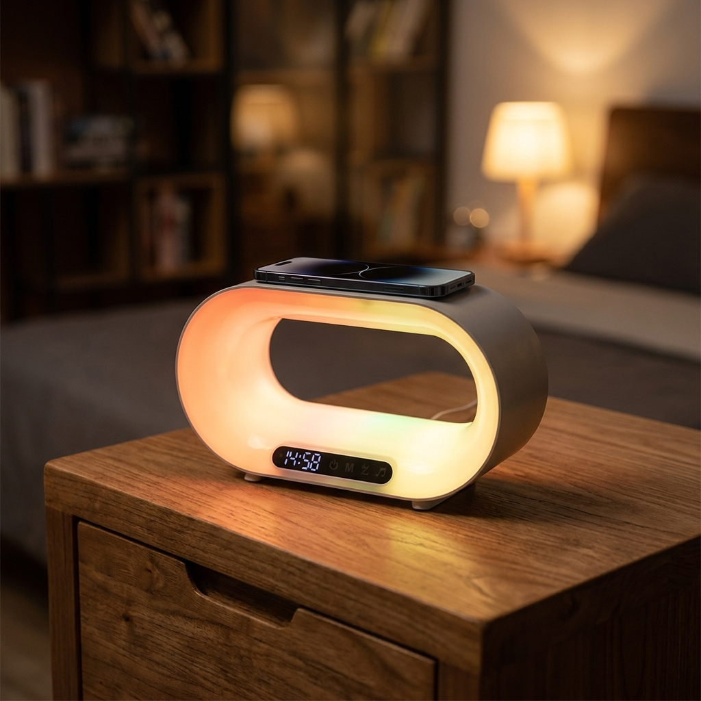3-in-1 RGB desk lamp charging a phone on its wireless pad with a warm glow