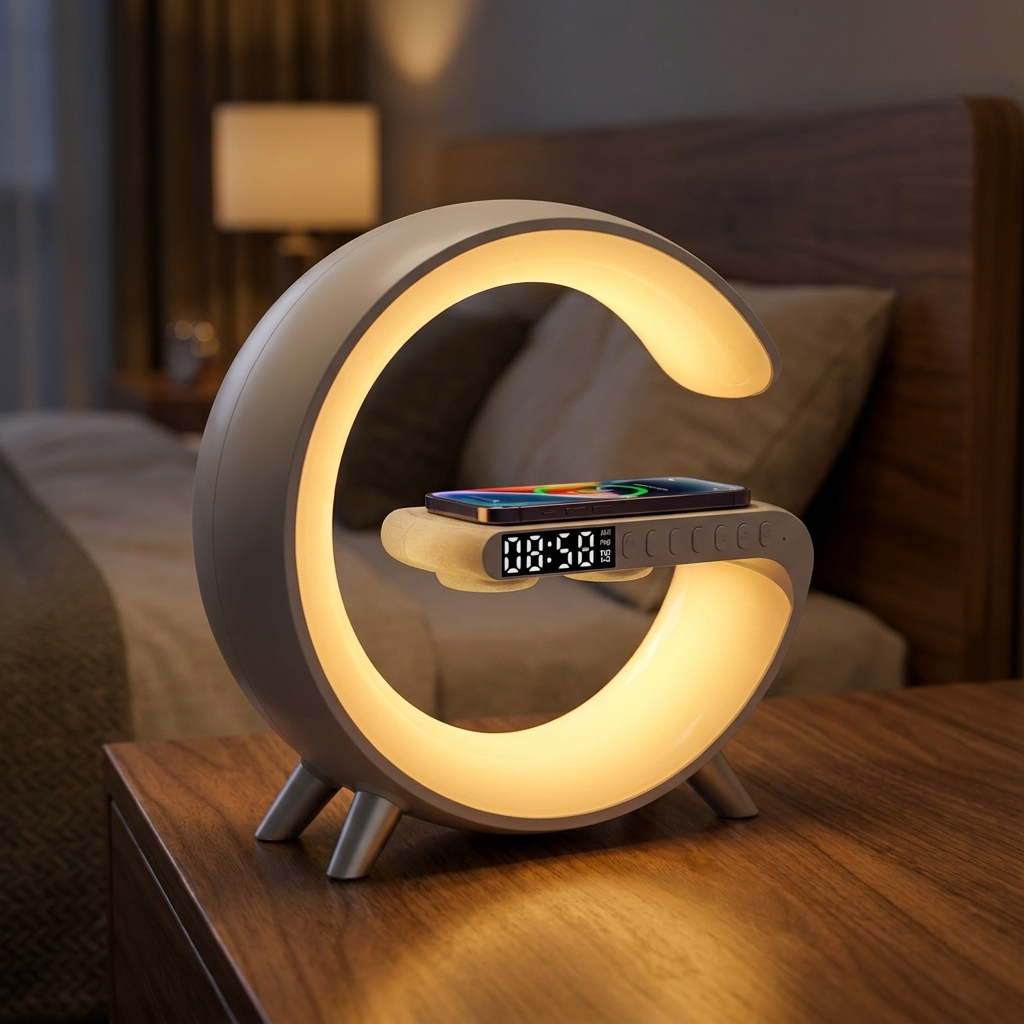 AuraHub 3-in-1 wireless charger desk lamp in light grey with warm amber glow on a walnut bedside table