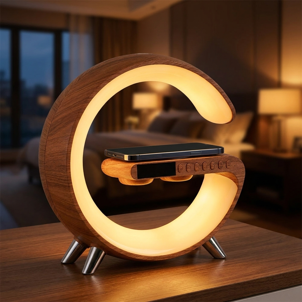 AuraHub 3-in-1 wireless charger desk lamp in wood finish with warm amber glow on a walnut bedside table