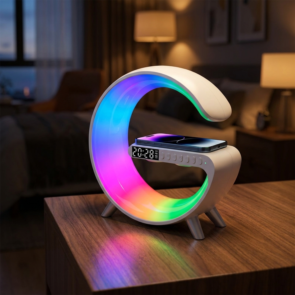 AuraHub 3-in-1 wireless charger desk lamp in white with RGB rainbow light bar on a walnut bedside table