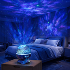 AuraOva galaxy projector filling a dark bedroom with blue and violet nebula and stars